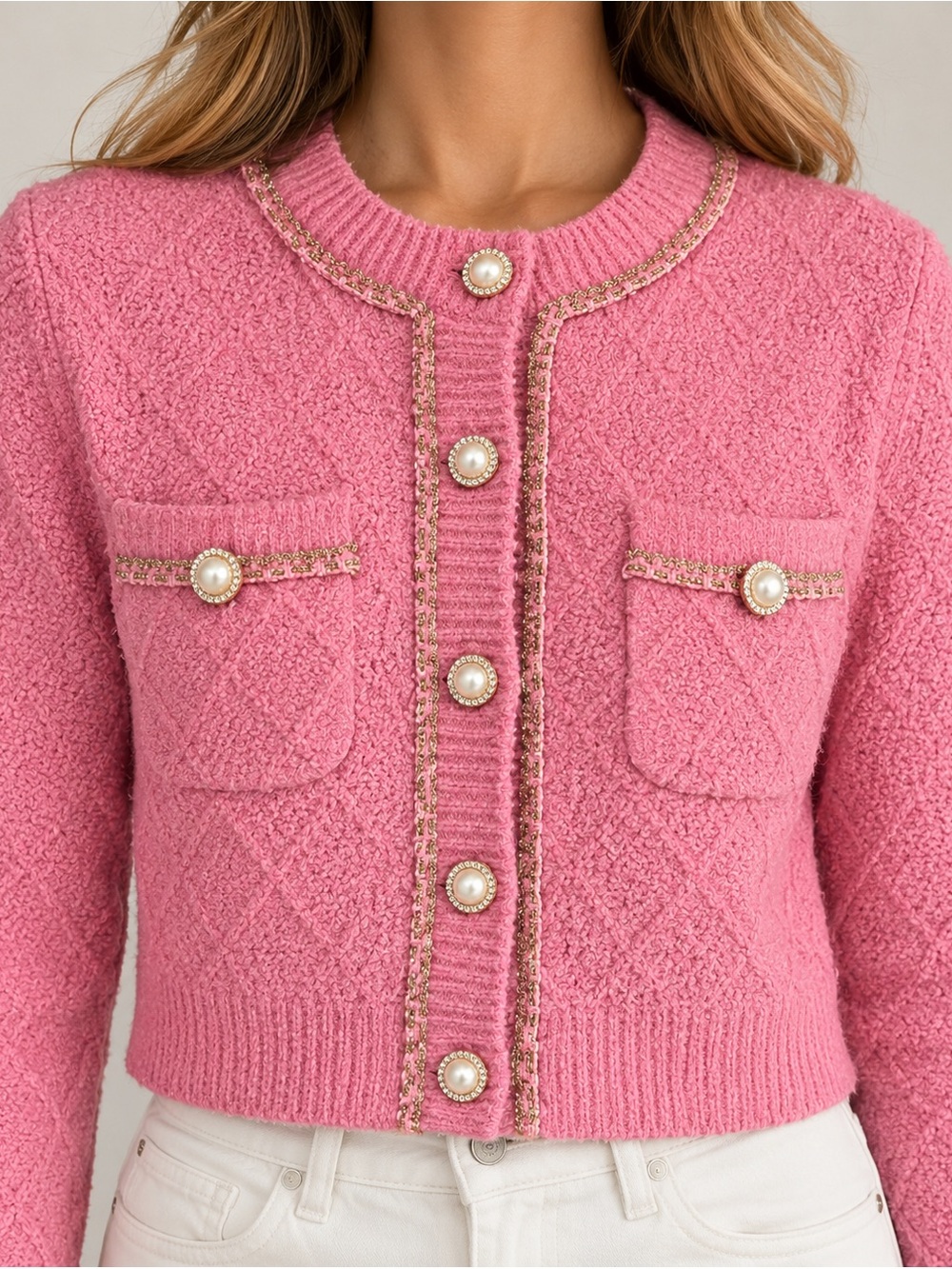 Urban Revivo Pink Boucle Pearl Button Gold Trim Cropped Cardigan US 4 🟫